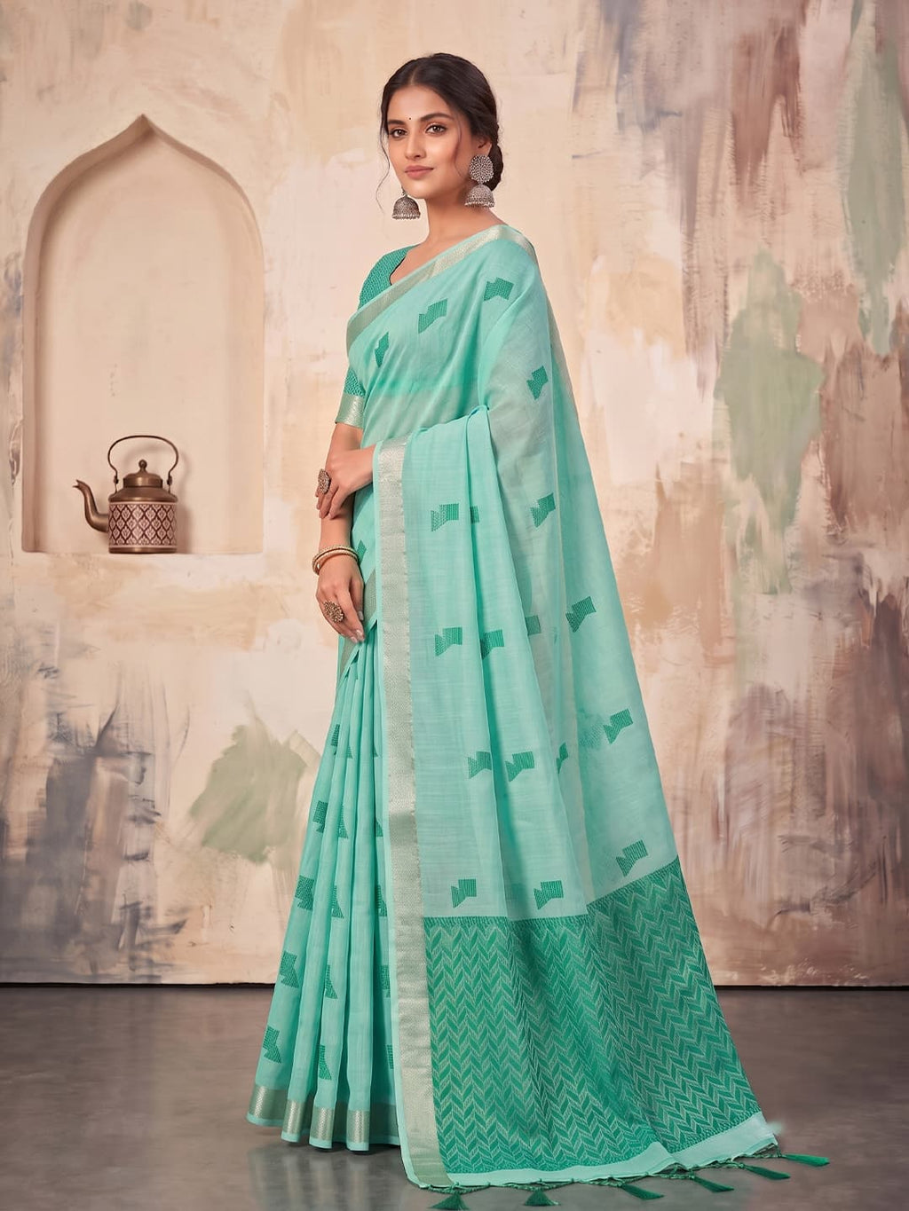 Aqua Mint Linen Woven Resham Designer Party Wear Saree with Emerald Teal Unstitched Blouse