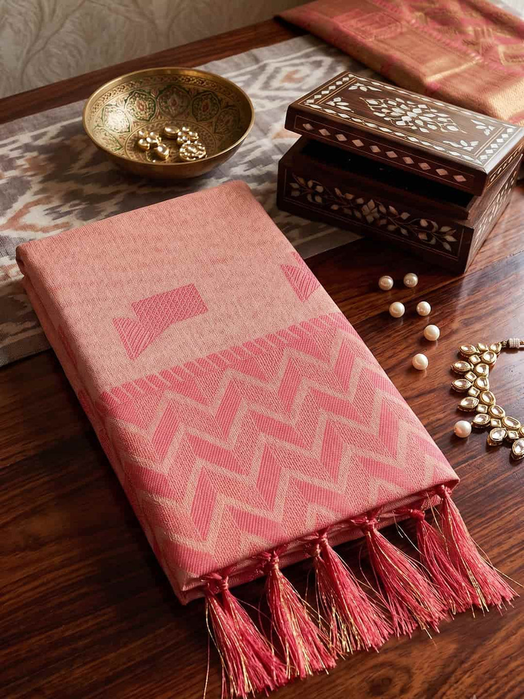 Peach Linen Woven Resham Designer Party Wear Saree with Coral Pink Unstitched Blouse