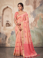 Peach Linen Woven Resham Designer Party Wear Saree with Coral Pink Unstitched Blouse
