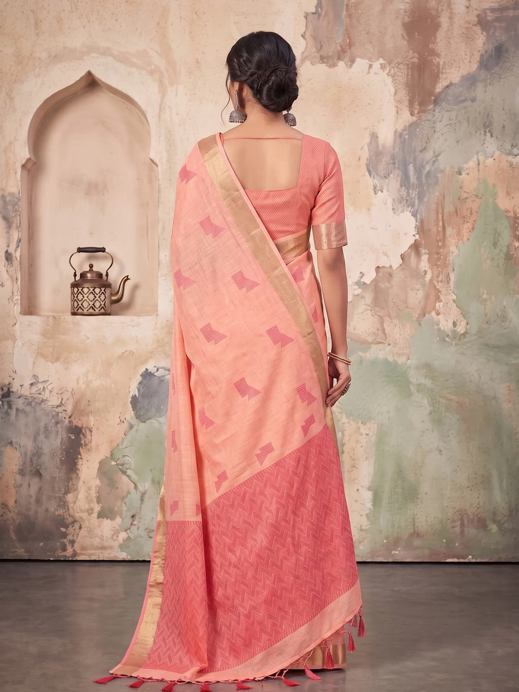 Peach Linen Woven Resham Designer Party Wear Saree with Coral Pink Unstitched Blouse