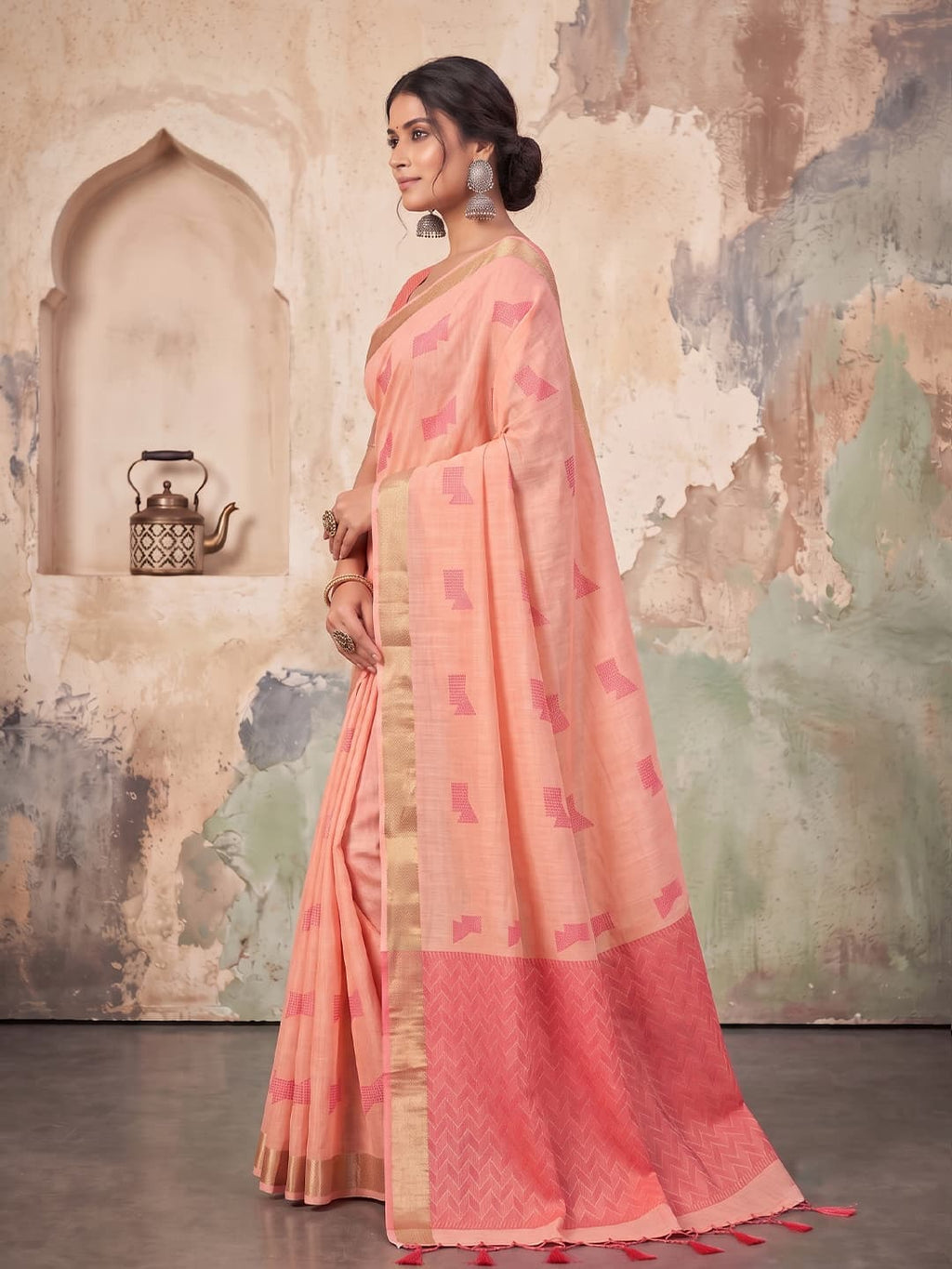 Peach Linen Woven Resham Designer Party Wear Saree with Coral Pink Unstitched Blouse