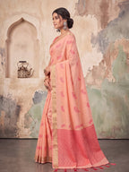 Peach Linen Woven Resham Designer Party Wear Saree with Coral Pink Unstitched Blouse