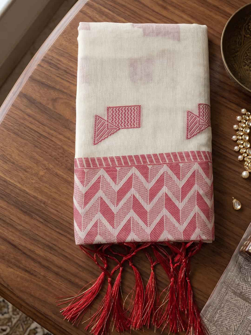 Ivory White Linen Woven Resham Designer Party Wear Saree with Dusty Rose Unstitched Blouse
