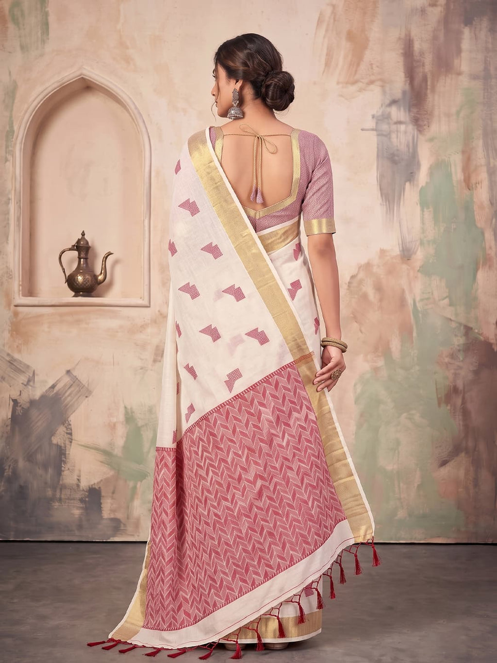 Ivory White Linen Woven Resham Designer Party Wear Saree with Dusty Rose Unstitched Blouse