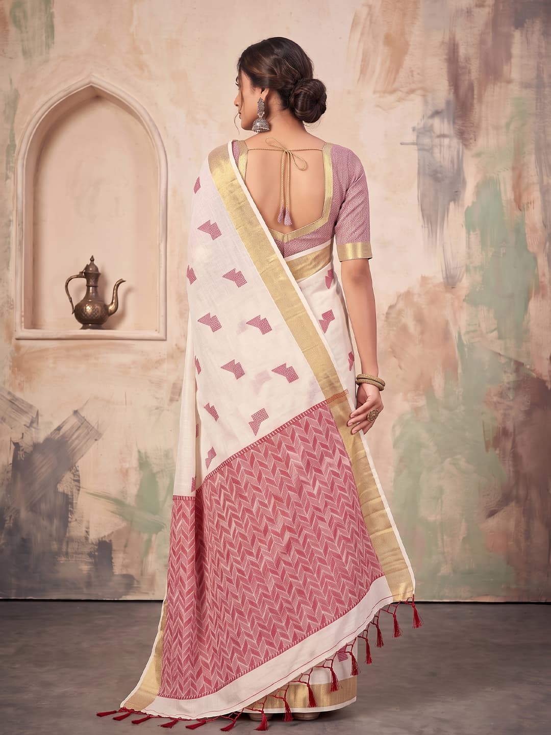 Ivory White Linen Woven Resham Designer Party Wear Saree with Dusty Rose Unstitched Blouse