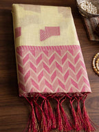 Butter Yellow Linen Woven Resham Designer Party Wear Saree with Mauve Pink Unstitched Blouse