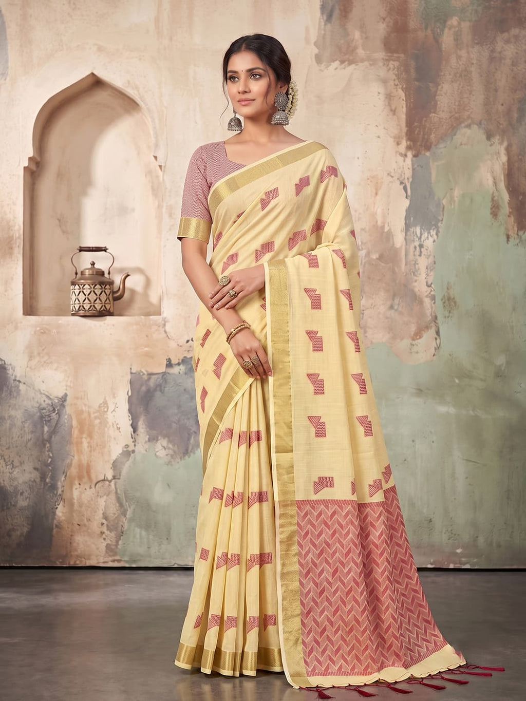 Butter Yellow Linen Woven Resham Designer Party Wear Saree with Mauve Pink Unstitched Blouse