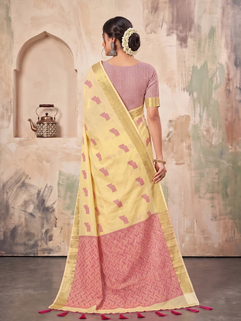 Butter Yellow Linen Woven Resham Designer Party Wear Saree with Mauve Pink Unstitched Blouse