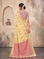 Butter Yellow Linen Woven Resham Designer Party Wear Saree with Mauve Pink Unstitched Blouse
