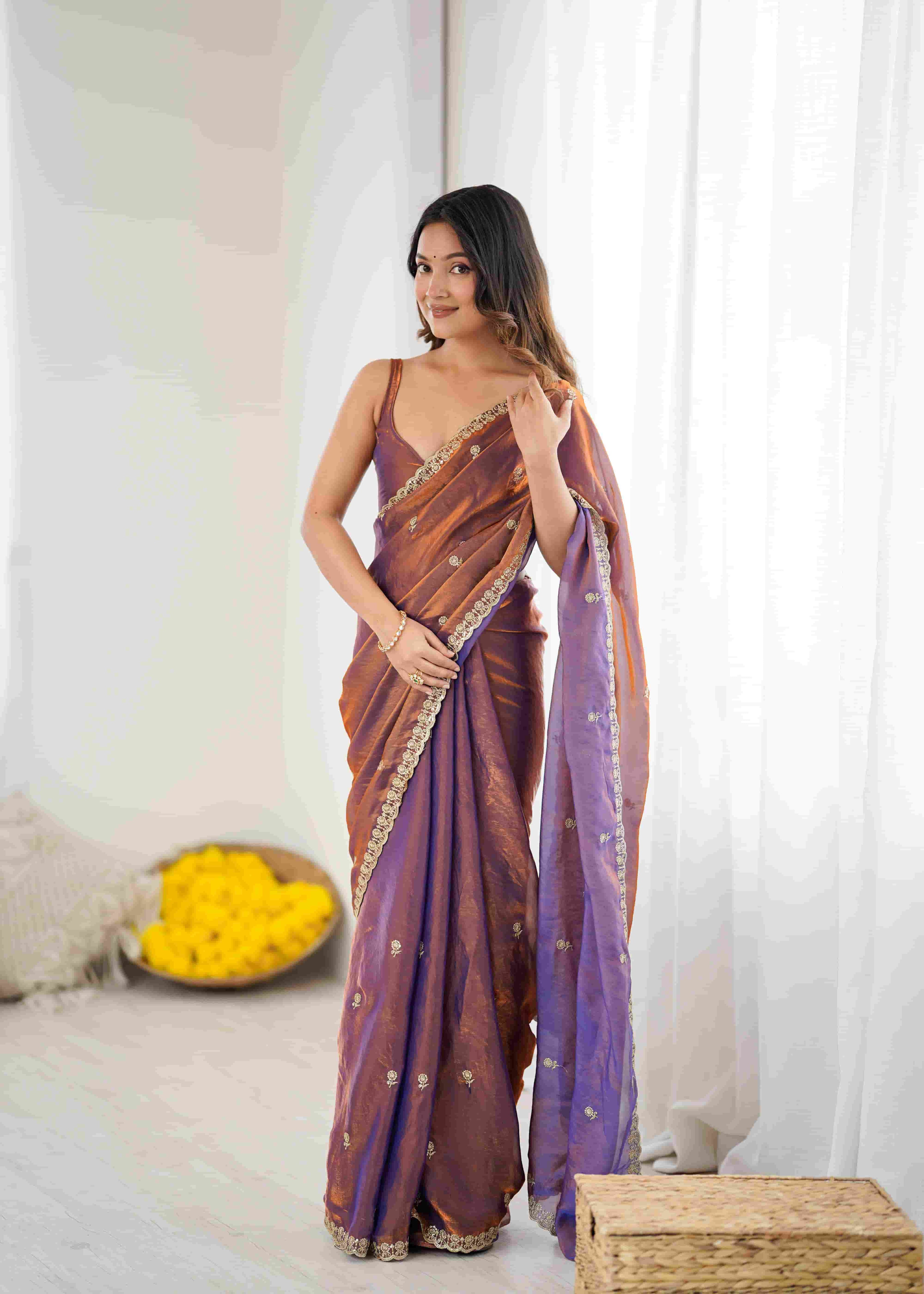 Purple Copper Crush Paper Silk Saree with Sequence Handwork & Stitched Blouse