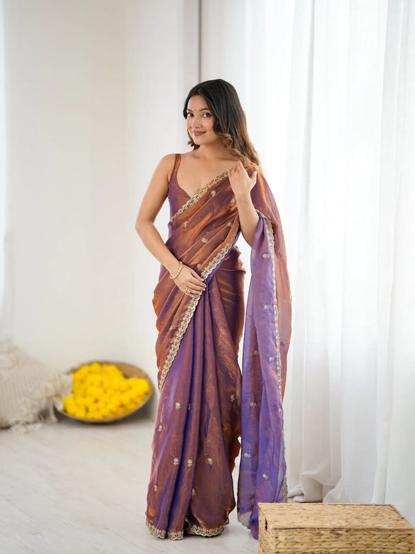 Copper Purple Fendi Satin Embroidered Saree