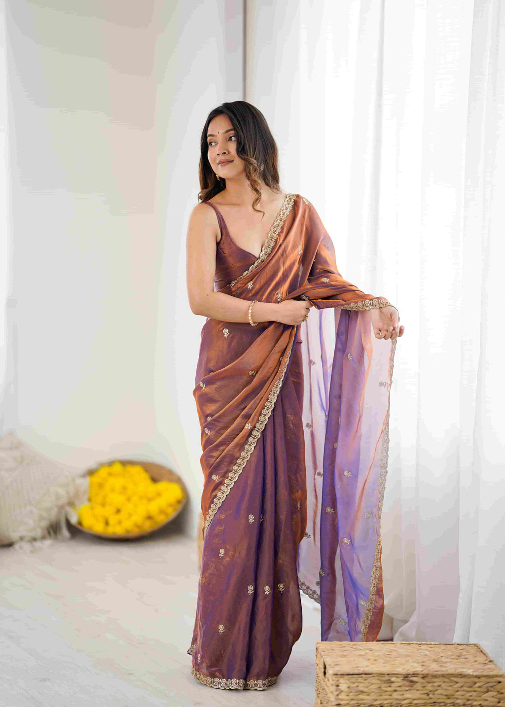 Purple Copper Crush Paper Silk Saree with Sequence Handwork & Stitched Blouse