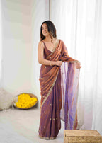 Purple Copper Crush Paper Silk Saree with Sequence Handwork & Stitched Blouse