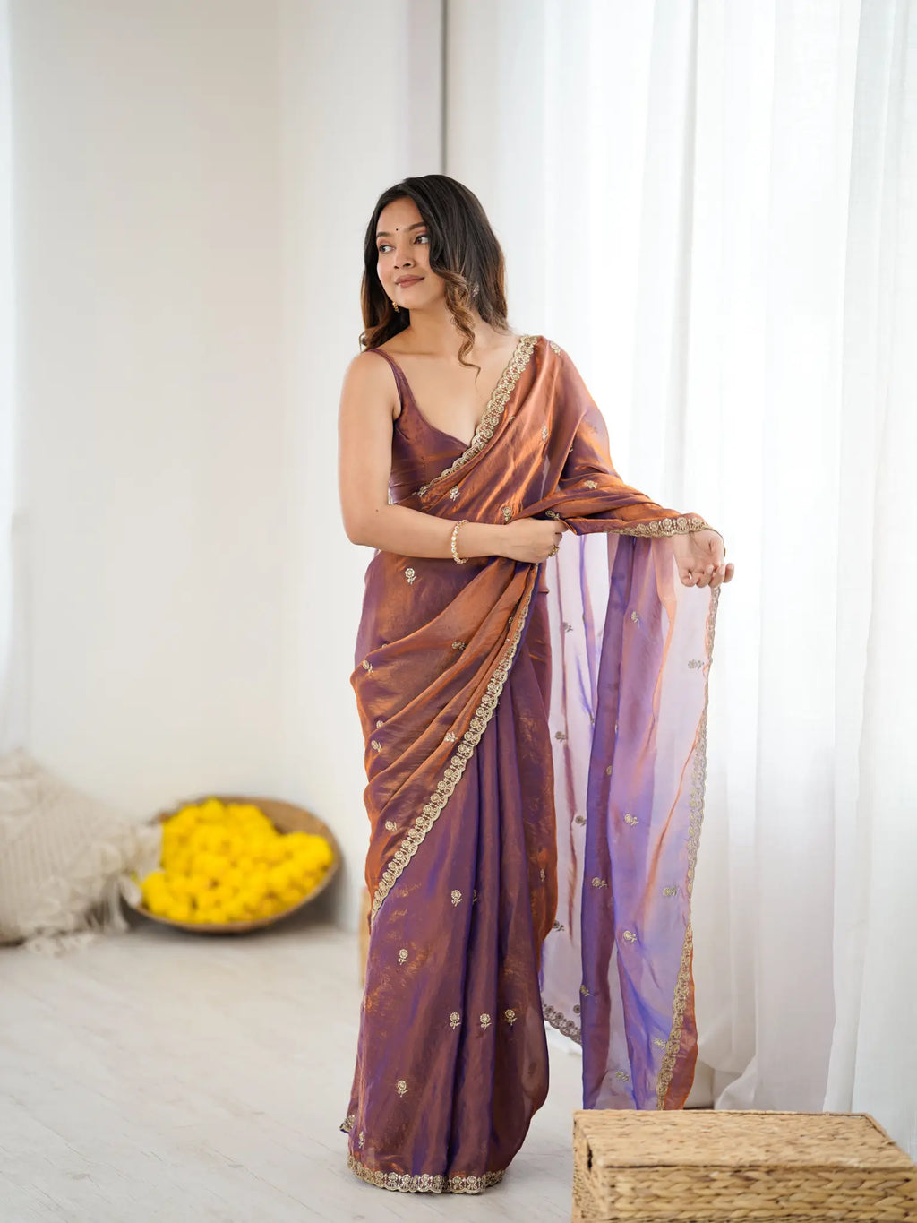 Copper Purple Fendi Satin Embroidered Saree