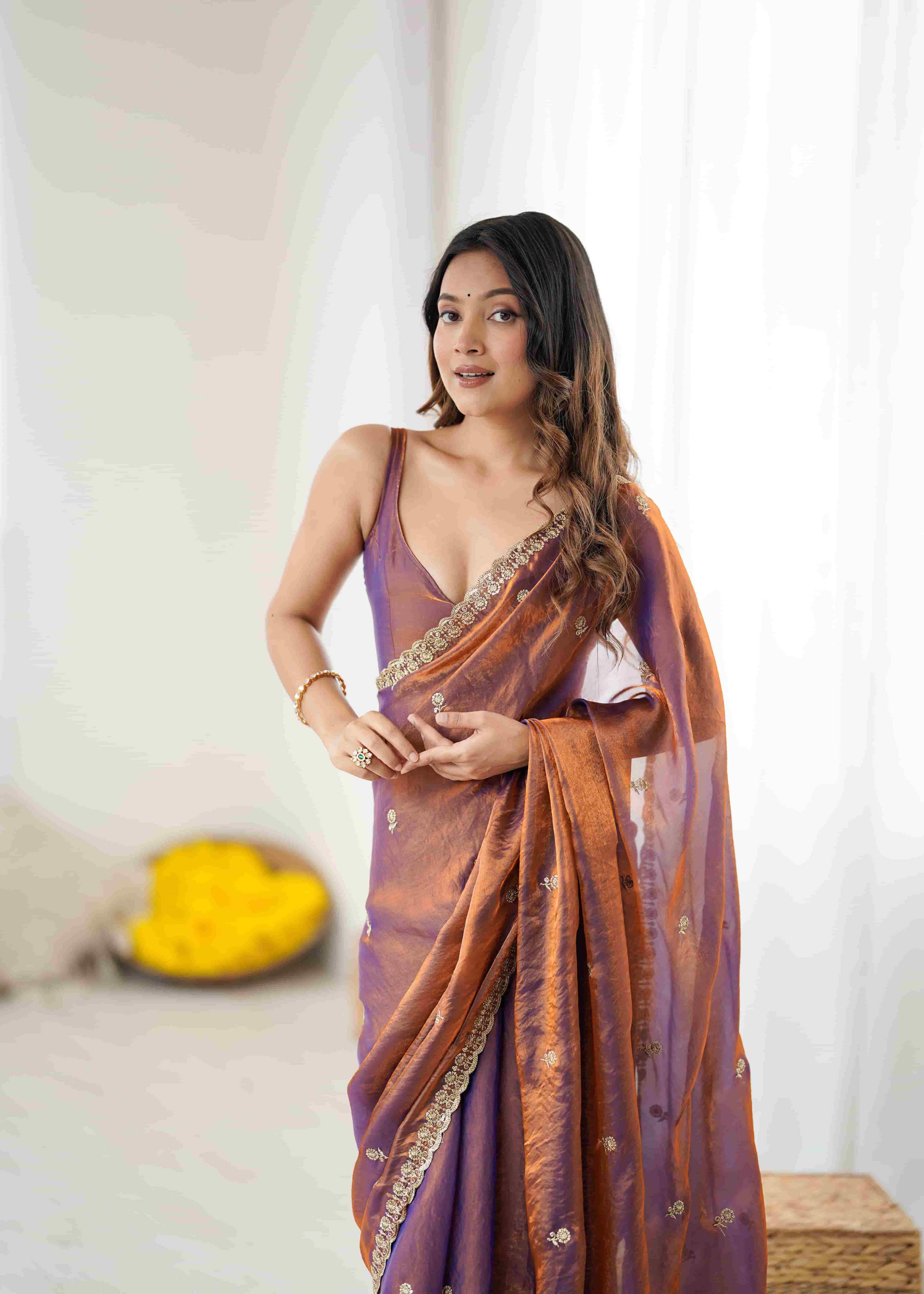 Purple Copper Crush Paper Silk Saree with Sequence Handwork & Stitched Blouse