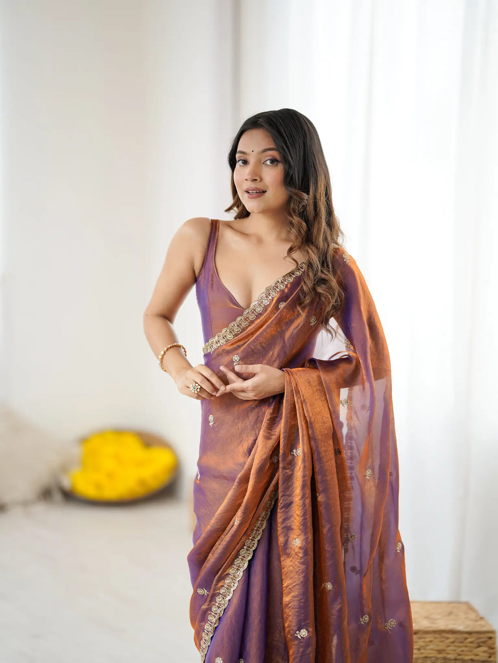 Copper Purple Fendi Satin Embroidered Saree