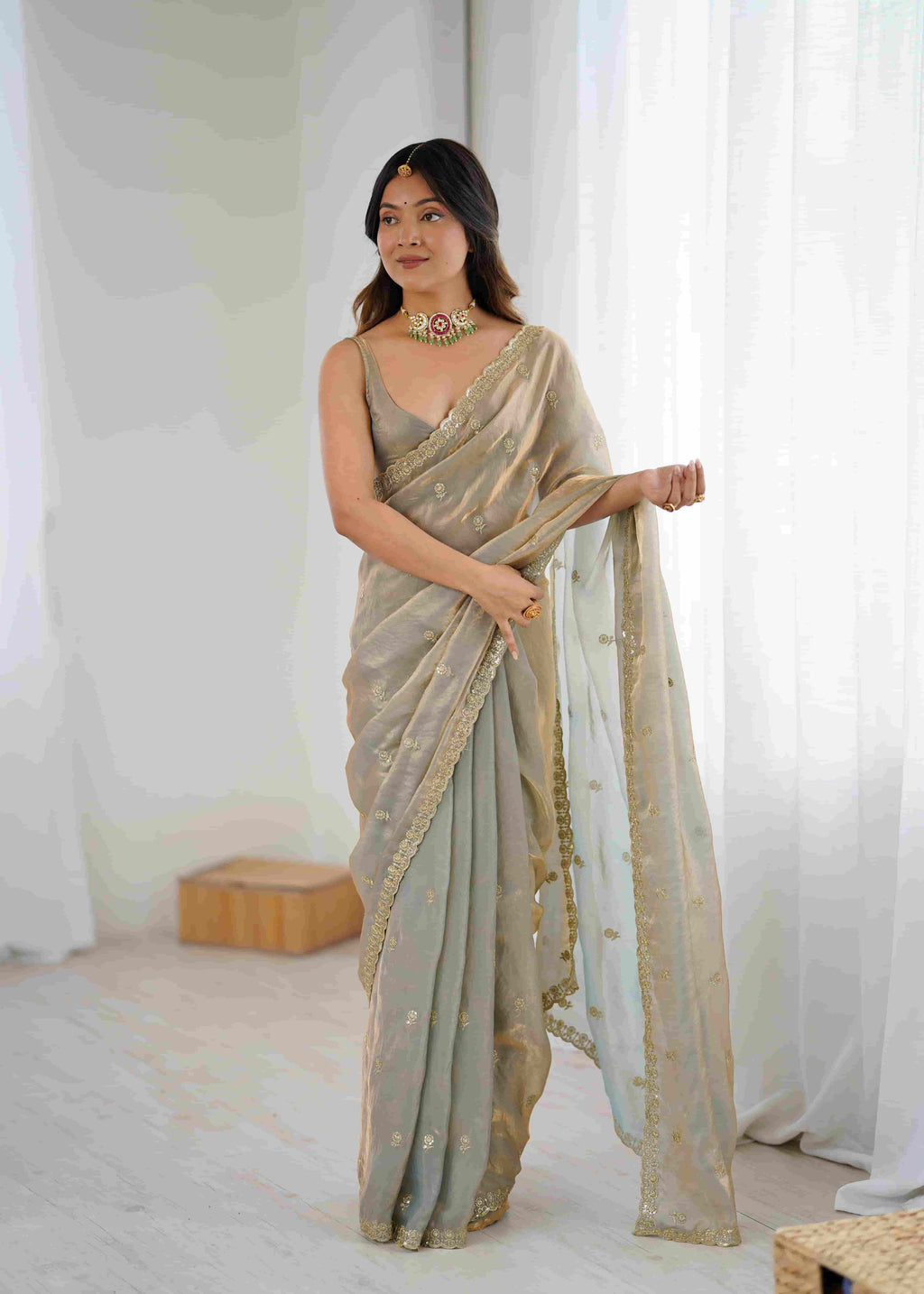 Silver Grey Two Tone Jacquard Butti Tusser Saree with Pure Cut Work & Stitched Blouse