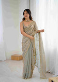 Silver Grey Two Tone Jacquard Butti Tusser Saree with Pure Cut Work & Stitched Blouse