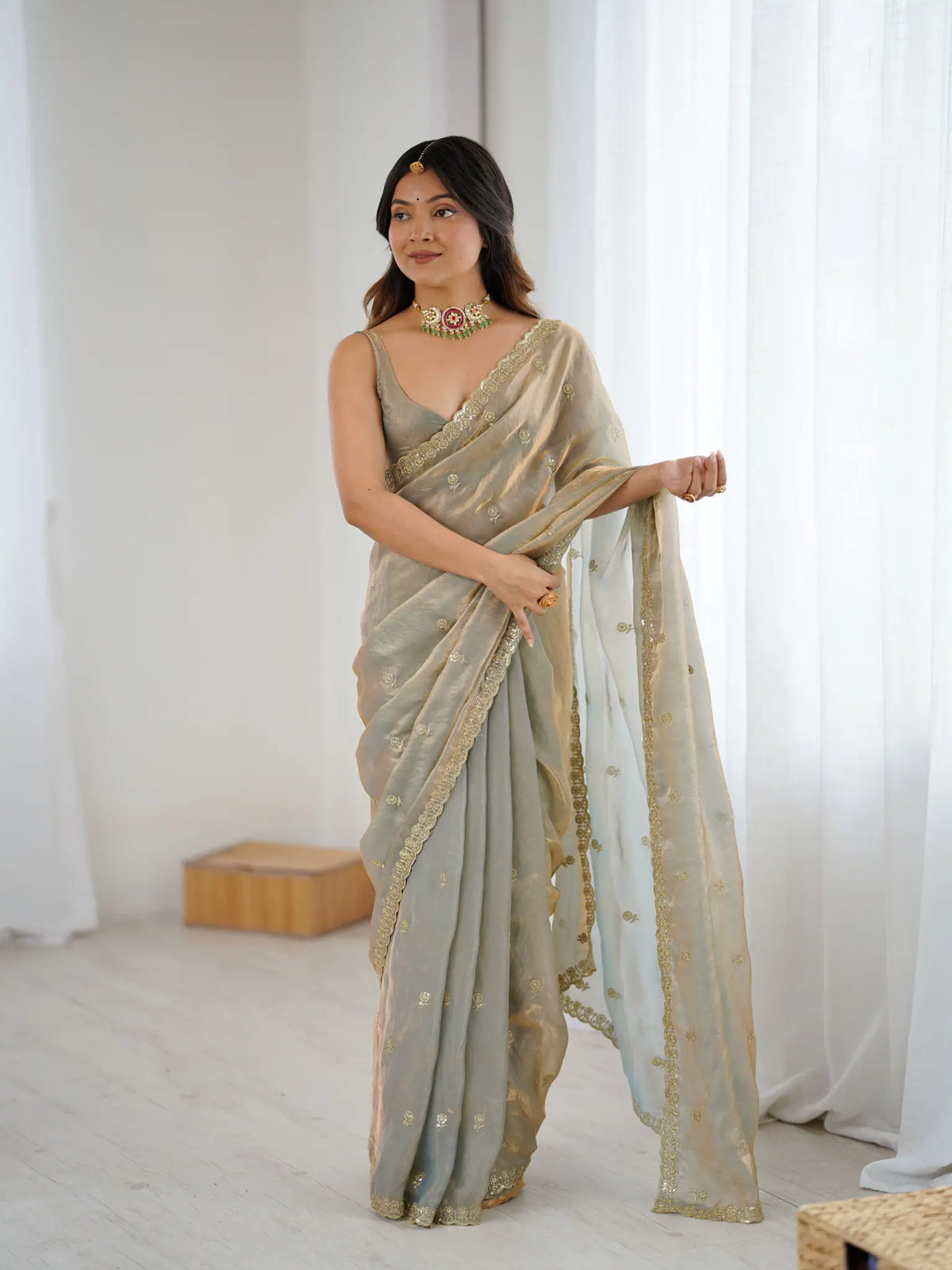 Silver Grey Fendi Satin Embroidered Saree