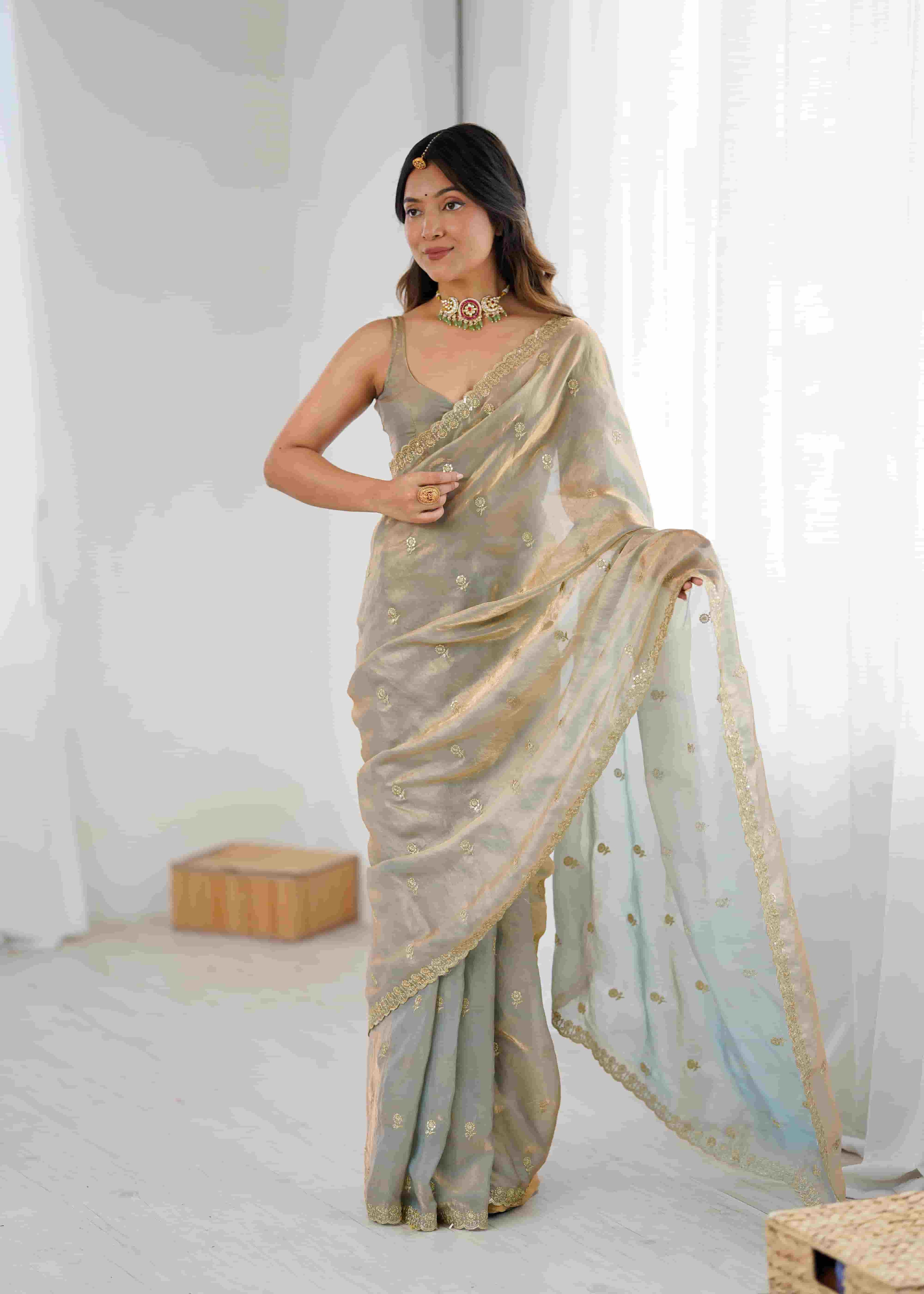 Silver Grey Two Tone Jacquard Butti Tusser Saree with Pure Cut Work & Stitched Blouse