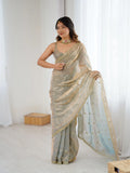 Silver Grey Fendi Satin Embroidered Saree