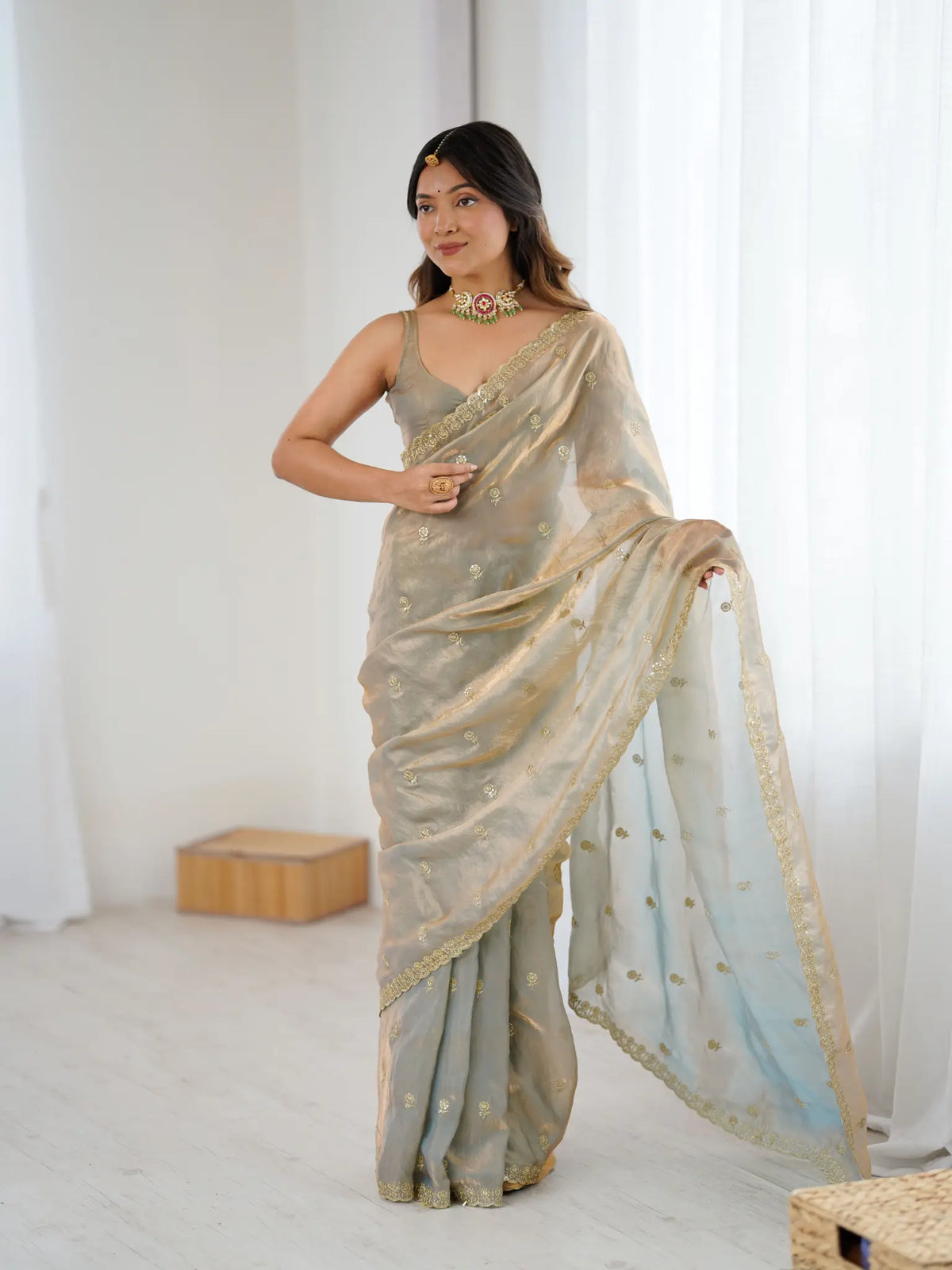 Silver Grey Fendi Satin Embroidered Saree