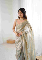 Silver Grey Two Tone Jacquard Butti Tusser Saree with Pure Cut Work & Stitched Blouse