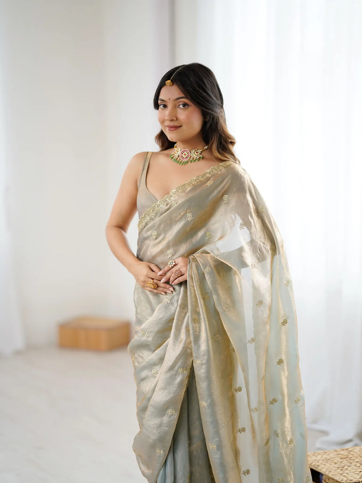 Silver Grey Fendi Satin Embroidered Saree