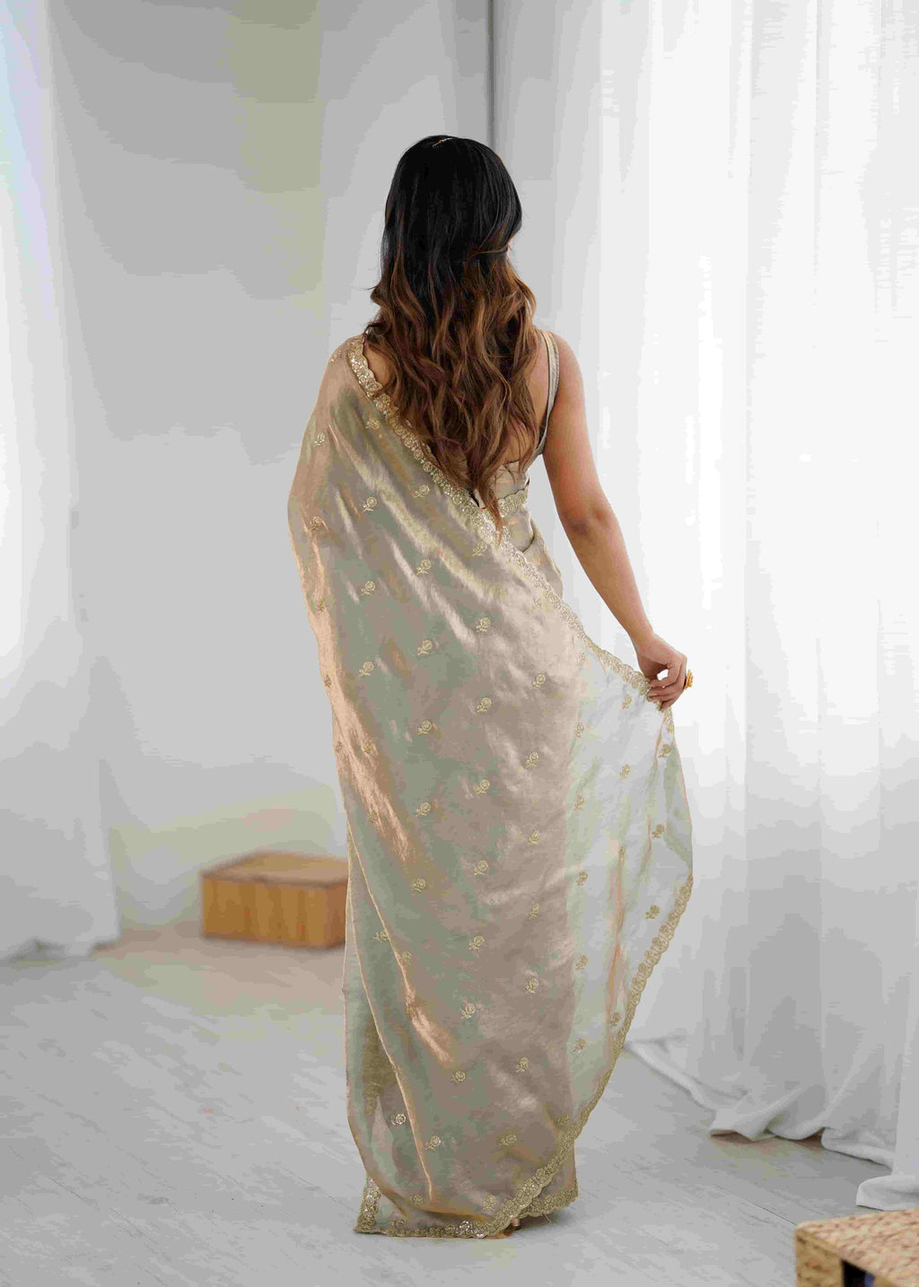 Silver Grey Two Tone Jacquard Butti Tusser Saree with Pure Cut Work & Stitched Blouse