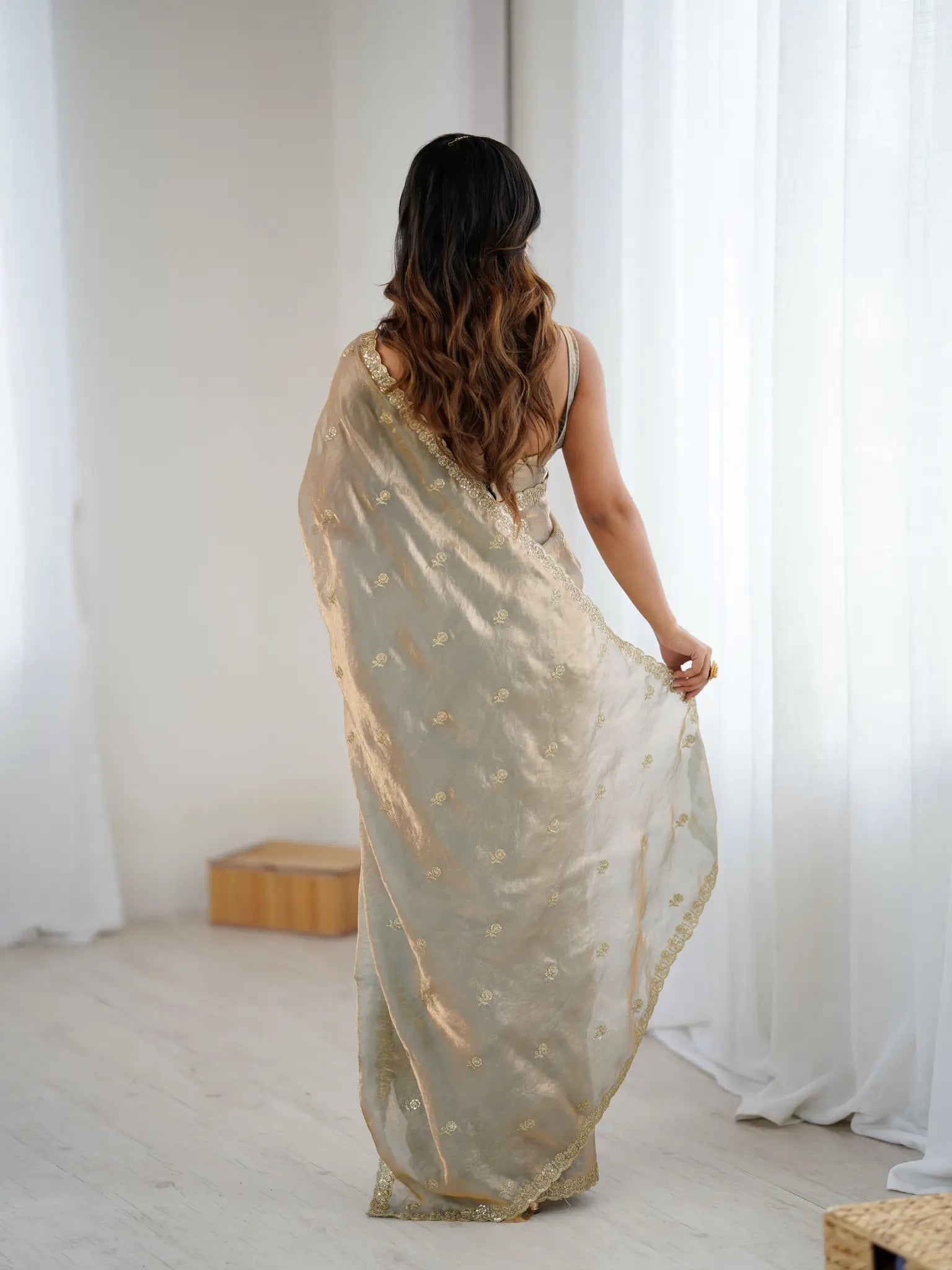 Silver Grey Fendi Satin Embroidered Saree