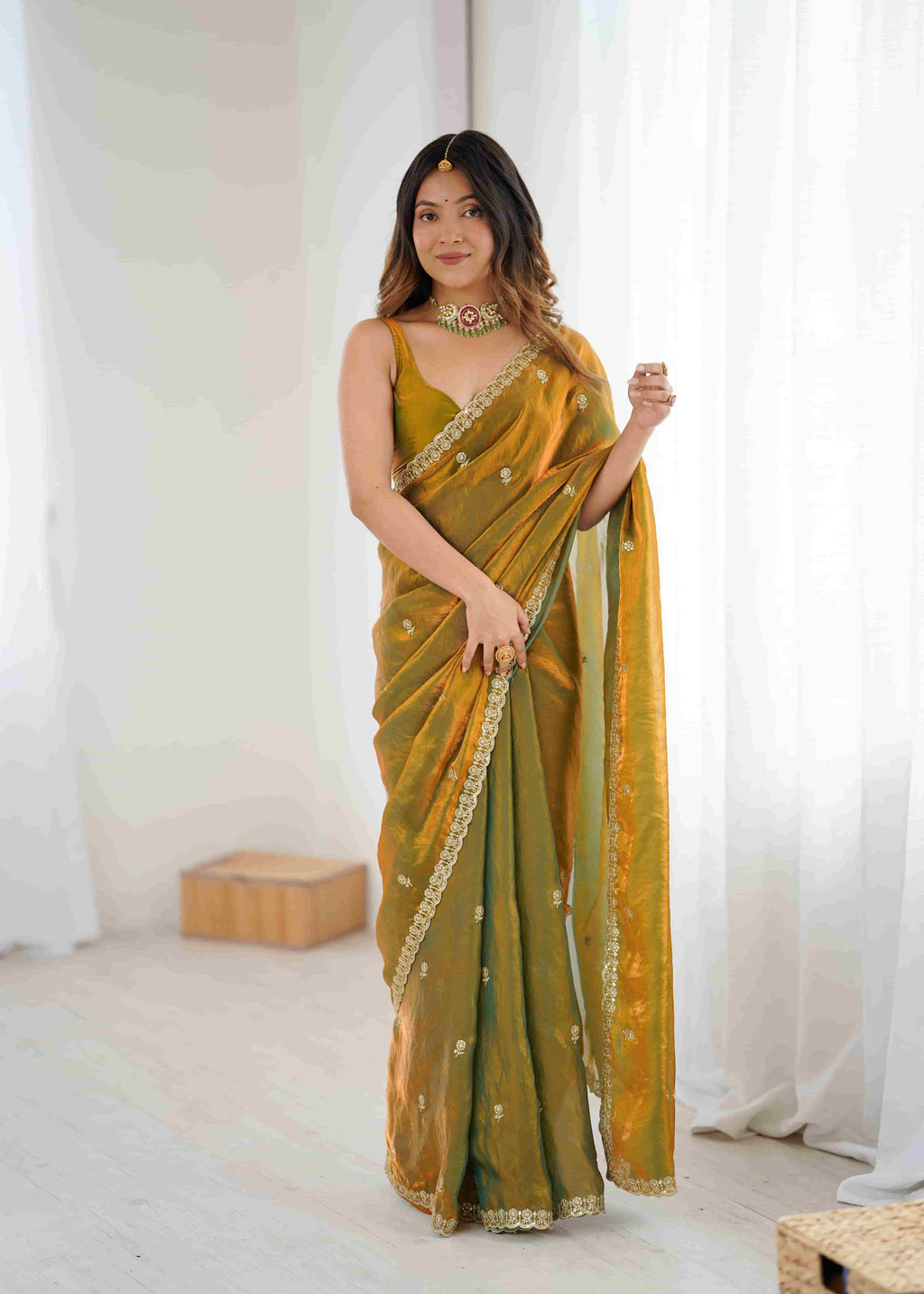 Olive Green Pure Banarasi Jari Pleat Saree with Sequence Handwork & Stitched Blouse