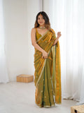 Olive Green Fendi Satin Embroidered Saree