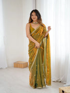 Olive Green Fendi Satin Embroidered Saree