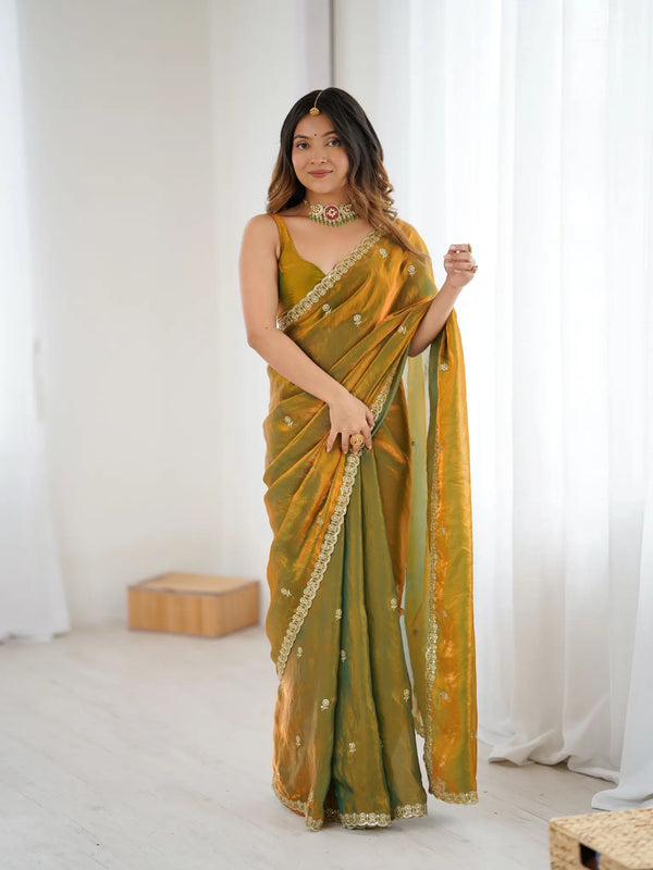 Olive Green Fendi Satin Embroidered Saree