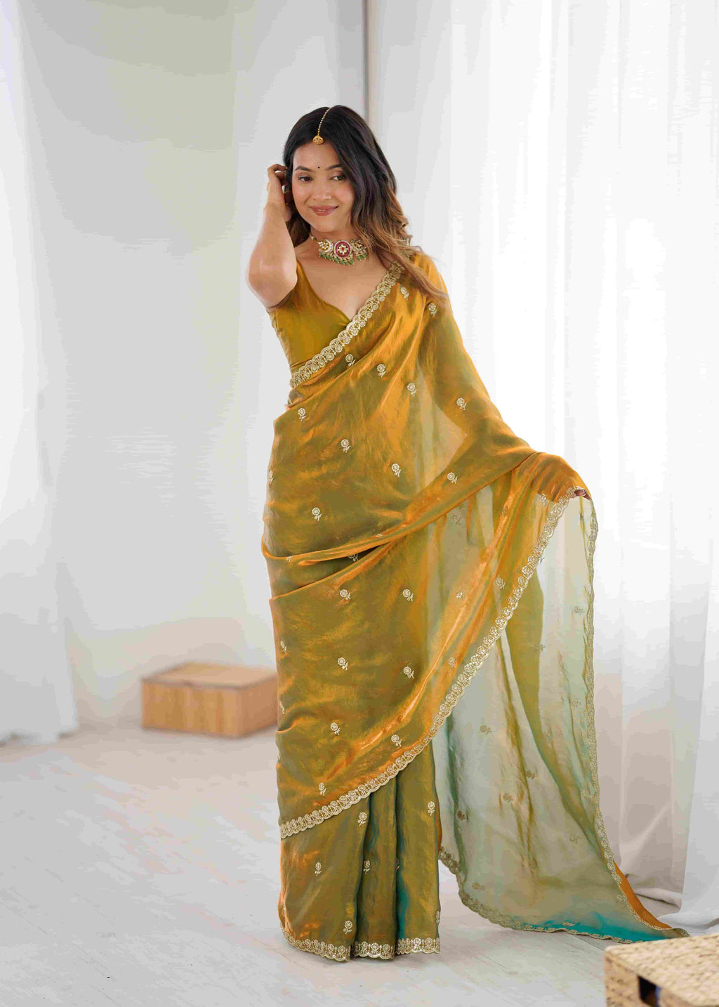Olive Green Pure Banarasi Jari Pleat Saree with Sequence Handwork & Stitched Blouse