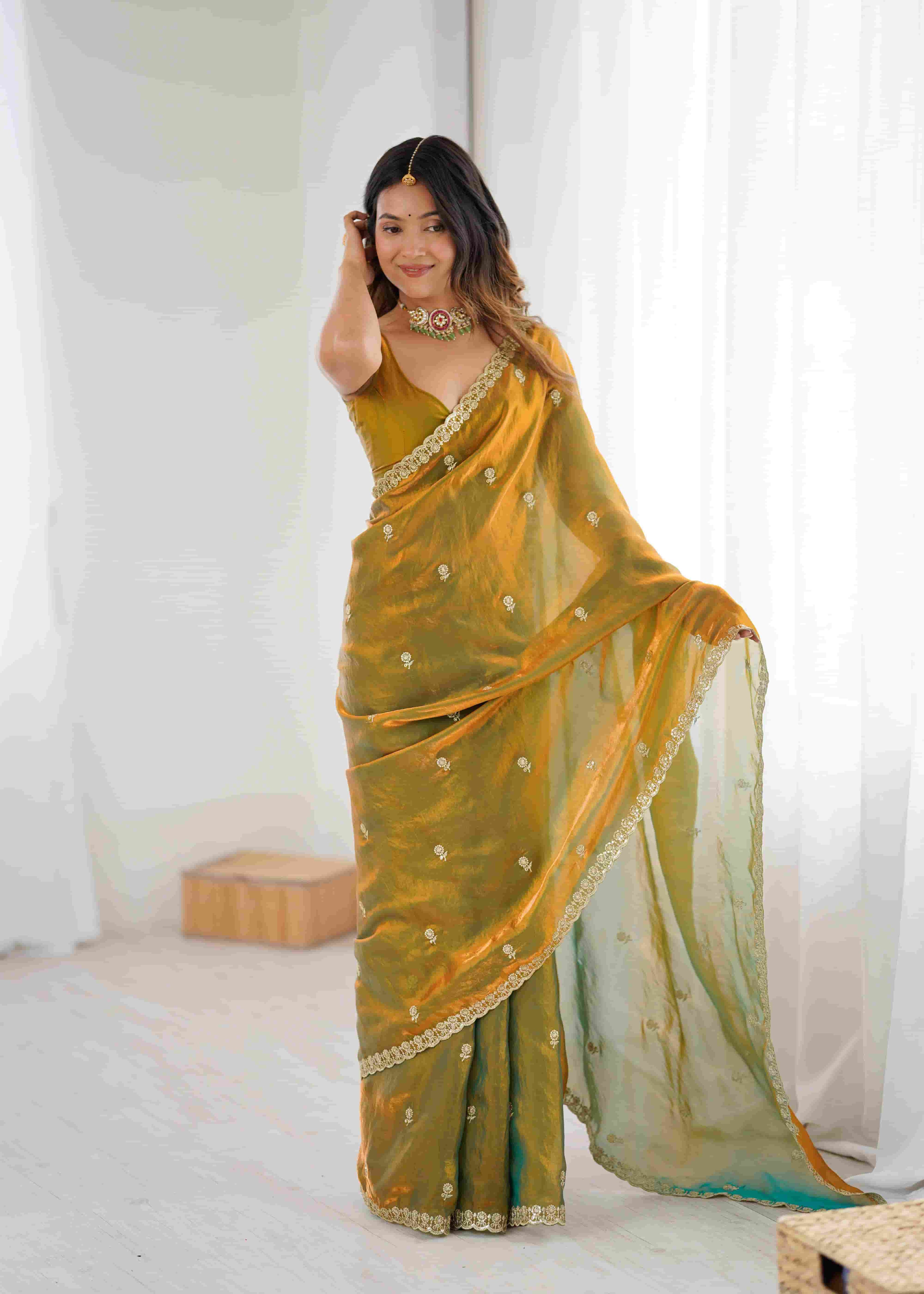 Olive Green Pure Banarasi Jari Pleat Saree with Sequence Handwork & Stitched Blouse