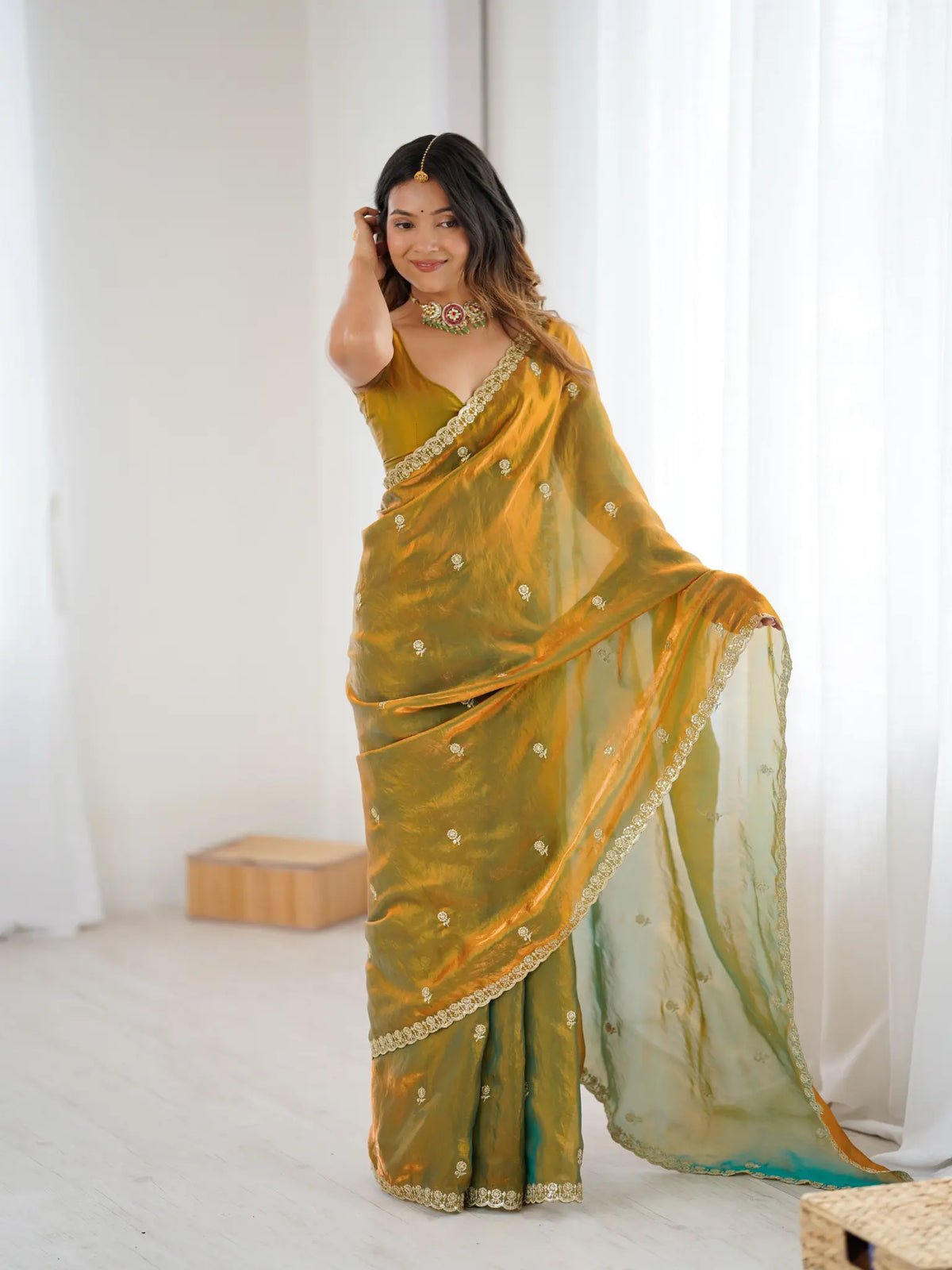Olive Green Fendi Satin Embroidered Saree