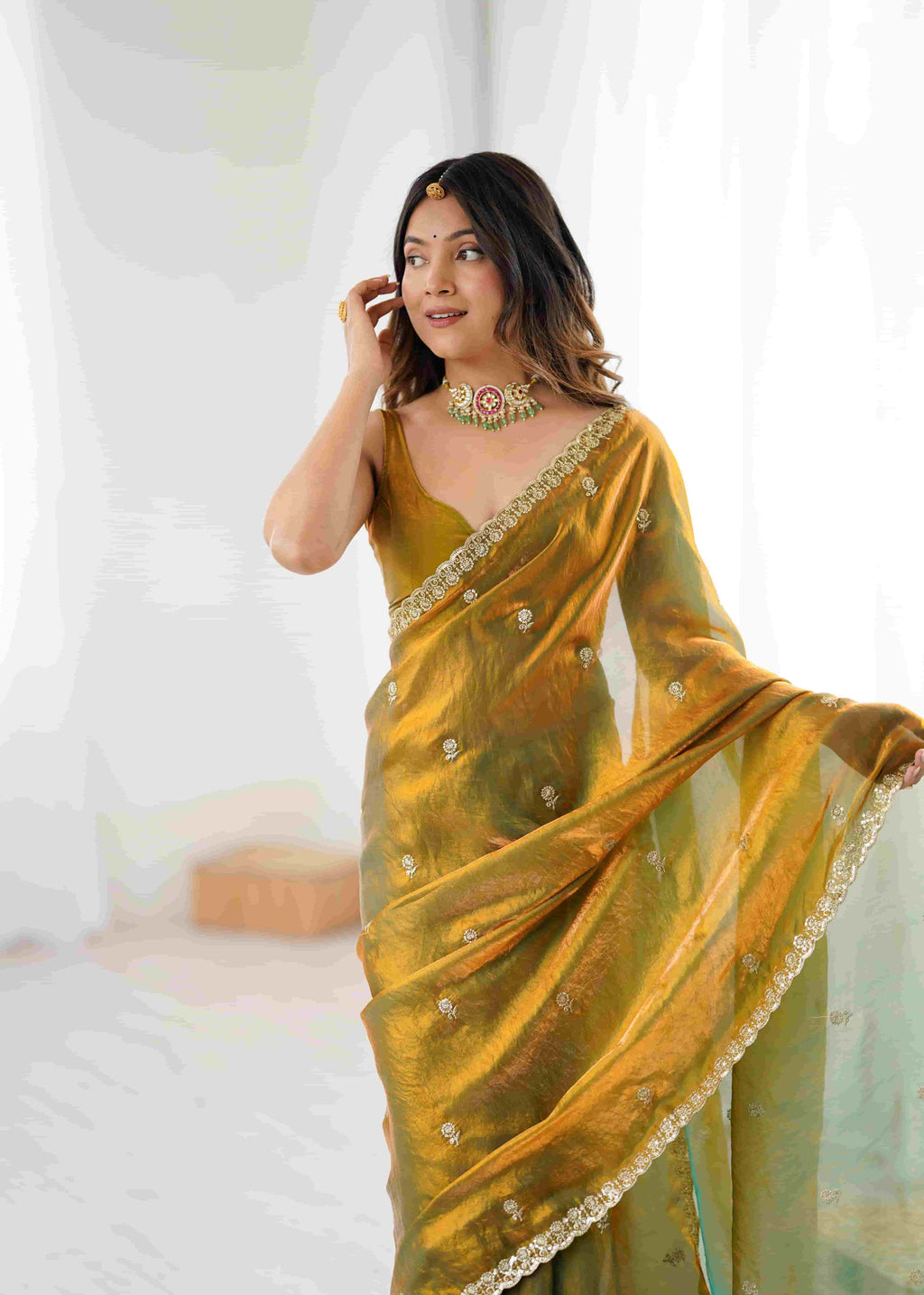 Olive Green Pure Banarasi Jari Pleat Saree with Sequence Handwork & Stitched Blouse