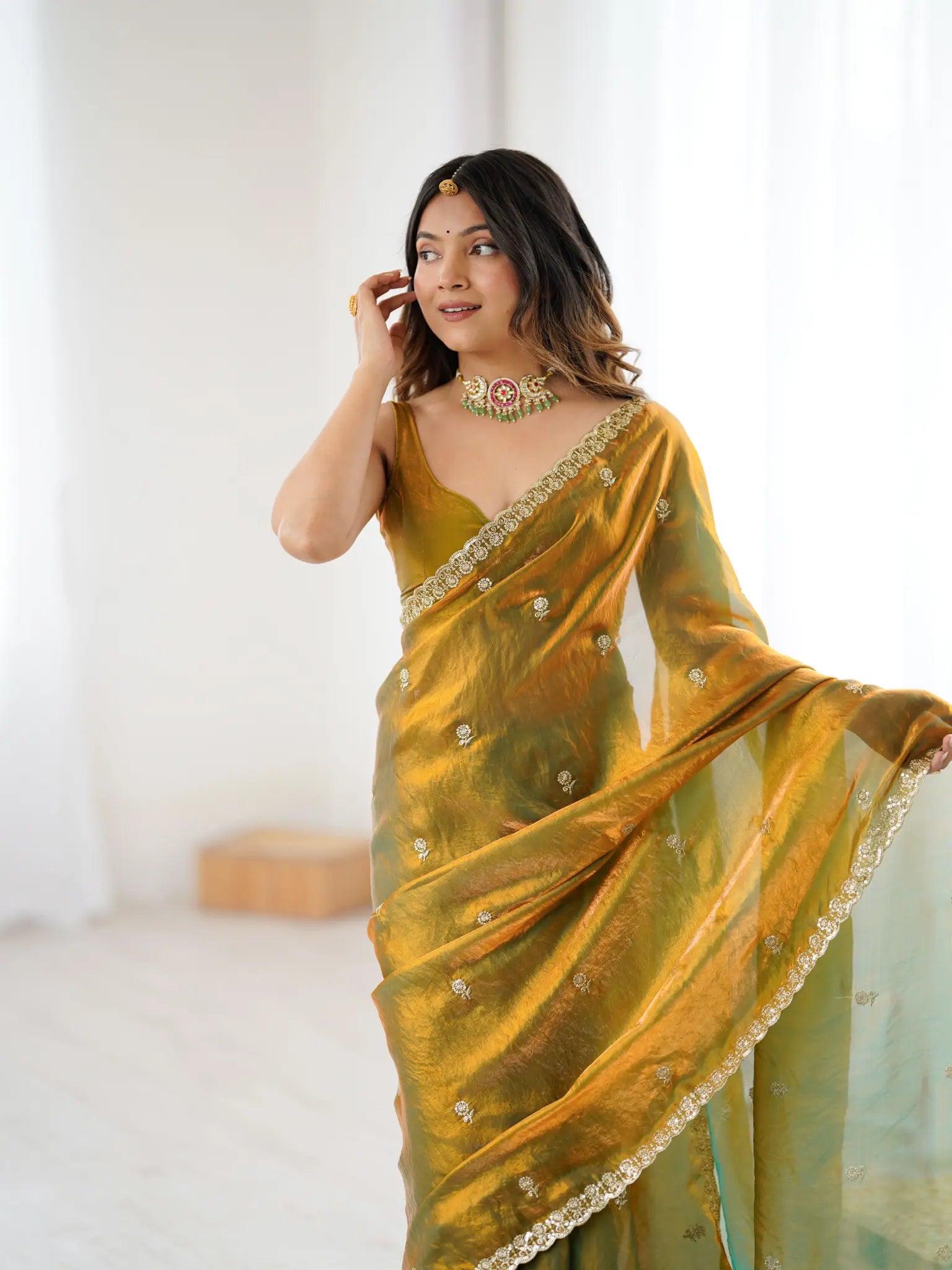 Olive Green Fendi Satin Embroidered Saree