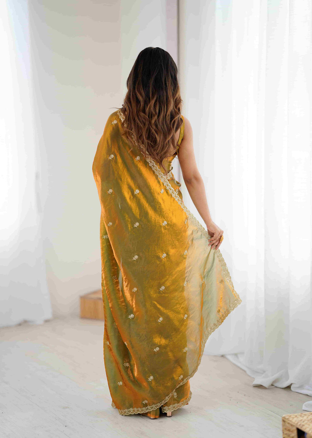 Olive Green Pure Banarasi Jari Pleat Saree with Sequence Handwork & Stitched Blouse