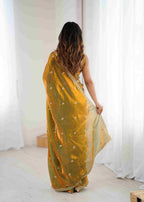 Olive Green Pure Banarasi Jari Pleat Saree with Sequence Handwork & Stitched Blouse