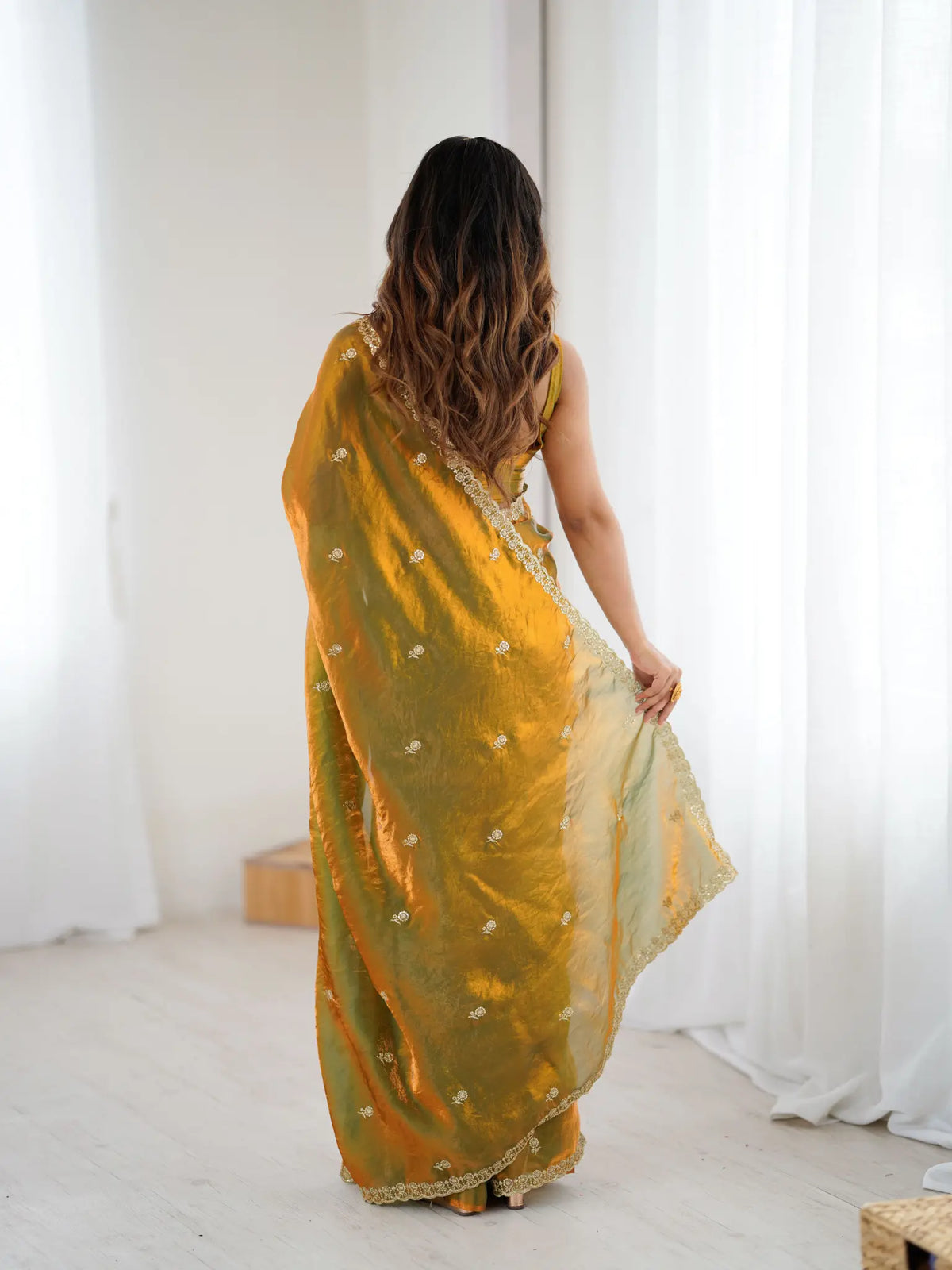 Olive Green Fendi Satin Embroidered Saree