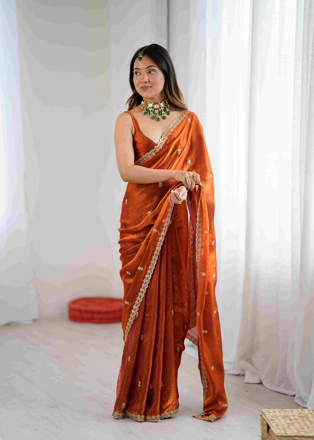 Rust Orange Pure Banarasi Jari Crinkle Saree with Sequence Handwork & Stitched Blouse