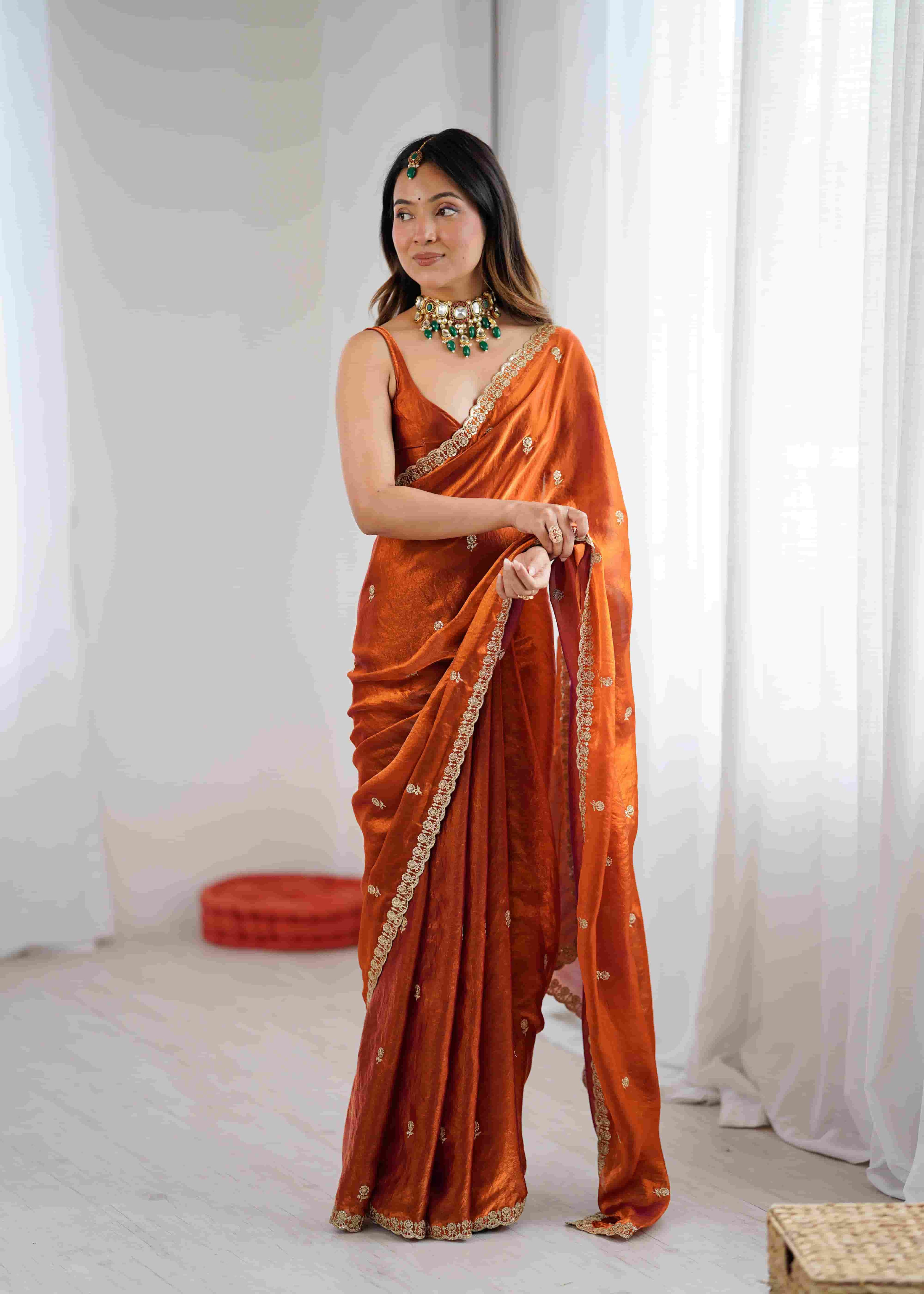 Rust Orange Pure Banarasi Jari Crinkle Saree with Sequence Handwork & Stitched Blouse