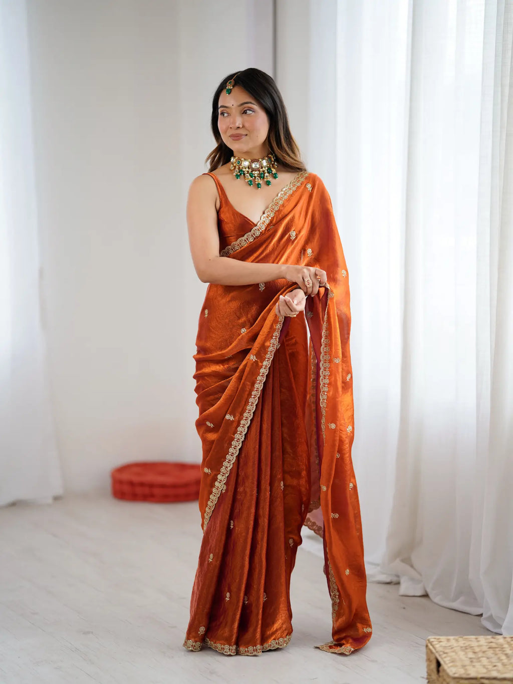 Rust Orange Fendi Satin Embroidered Saree