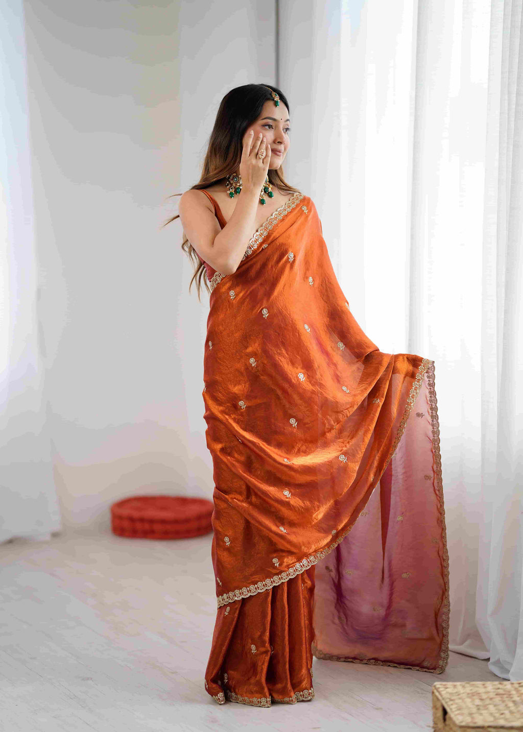 Rust Orange Pure Banarasi Jari Crinkle Saree with Sequence Handwork & Stitched Blouse