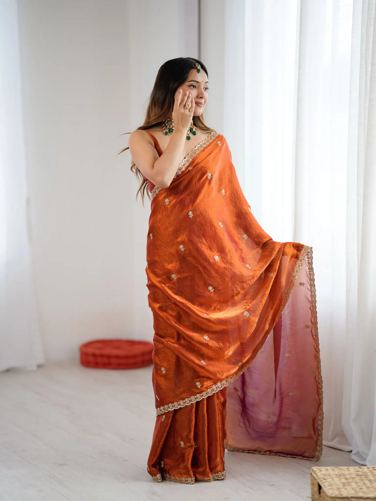 Rust Orange Fendi Satin Embroidered Saree