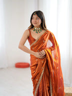 Rust Orange Fendi Satin Embroidered Saree