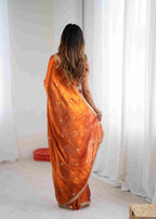 Rust Orange Pure Banarasi Jari Crinkle Saree with Sequence Handwork & Stitched Blouse