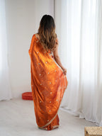 Rust Orange Fendi Satin Embroidered Saree
